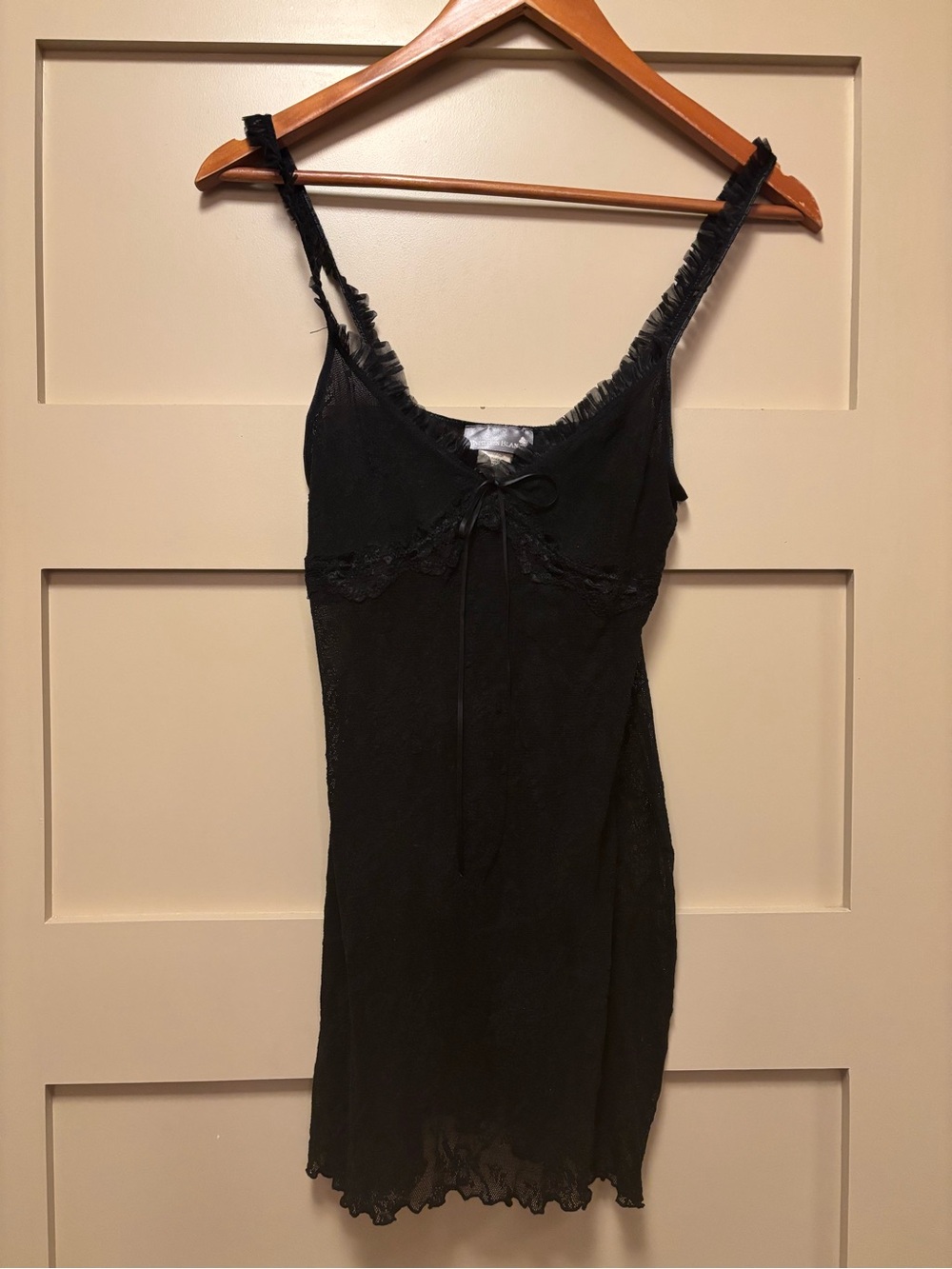 PAPILLON BLANC Sheer Black Lace Mesh Mini Nightgown Lingerie Tunic Top Vintage